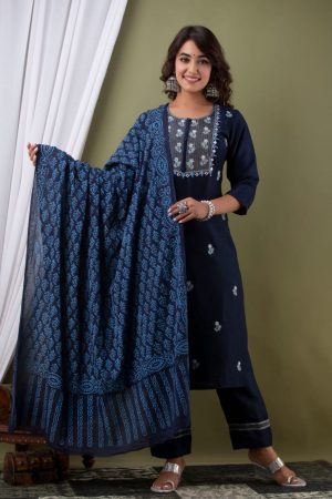 NAVY BLUE Premium Embroidered Kurti, Pant with Nazmeen Printed Dupatta