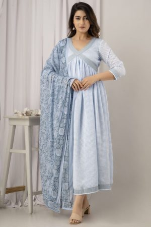 Beautiful Powder Blue Color Viscose Cotton Blend Embroidered kurta and Printed Dupatta Set!